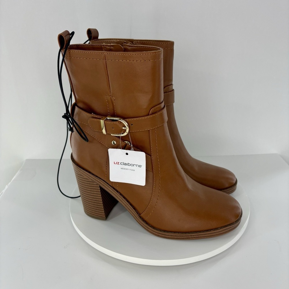 Liz Claiborne Size 9.5‎ M  Olinda Cognac Faux Leather Block Heel Ankle Boots